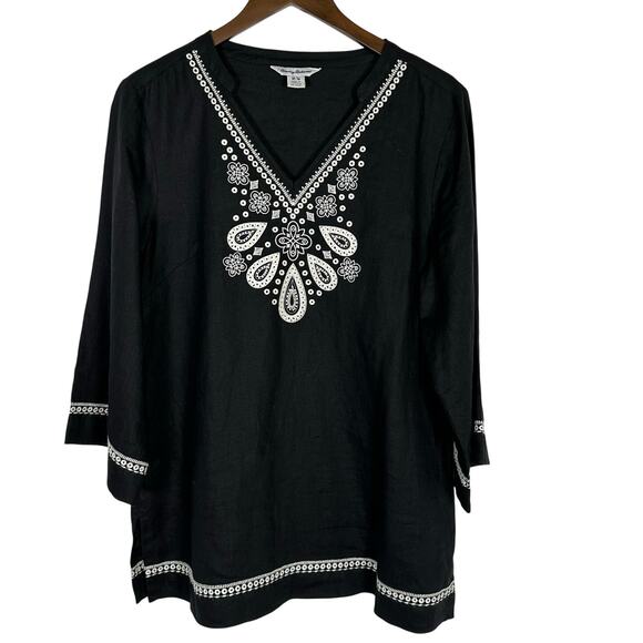Tommy‎ Bahama Au Natural 3/4 Sleeve Black Linen Tunic M Embroidered Beaded Boho - Picture 1 of 10